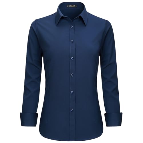 Stamain Damen Hemd Bluse Basic Baumwolle Hemdbluse Langarm Marineblau Blusen V-Ausschnitt Damen mit Knopleiste XL von Stamain