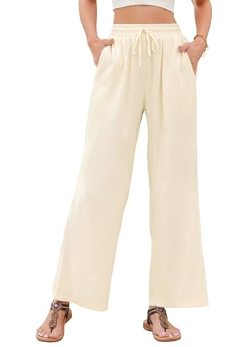Stamain Damen Hosen Weite Gerade Geschnitten Palazzo Hose Sommer Causal Leichte Marlene Hose Beige Stoffhose mit Taschen 2XL von Stamain