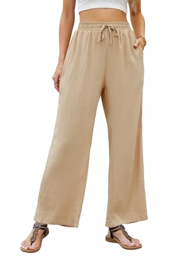 Stamain Damen Hosen Weite Gerade Geschnitten Palazzo Hose Sommer Causal Leichte Marlene Hose Khaki Stoffhose mit Taschen 2XL von Stamain