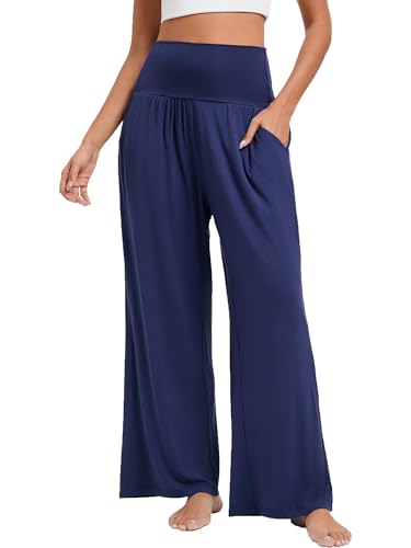 Stamain Damen Hosen Weite Marineblau Gerade Geschnitten Palazzo Hose Hohe Taille Sommer Lose Lässig Leicht Elegant Stoffhose Dehnbar mit Taschen L von Stamain