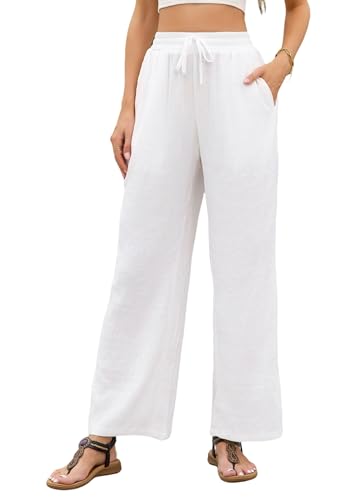 Stamain Damen Hosen Weite Weiß Gerade Geschnitten Palazzo Hose Sommer Causal Leichte Marlene Hose Stoffhose mit Taschen S von Stamain