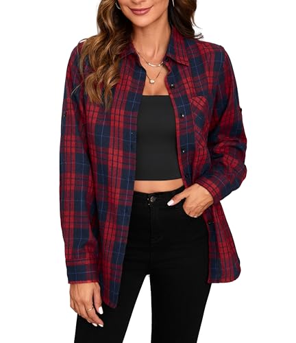 Stamain Flanellhemd Damen Karierte Bluse Langarm Baumwolle Karohemd Kariertes Freizeithemd Regular Fit Rot/Blau 4XL von Stamain