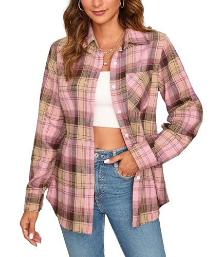 Stamain Flanellhemd Damen Karierte Bluse Langarm Rosa Karohemd Cowgirl Holzfällerhemd Regular Fit L von Stamain