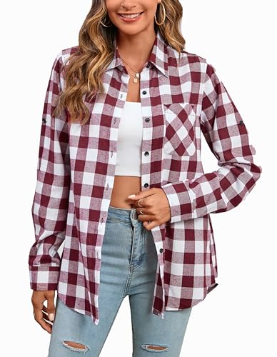 Stamain Flanellhemd Damen Kariertes Hemd Langarm Baumwolle Freizeit Karobluse Damen Oktoberfest Regular Fit Burgunder/Weiß L von Stamain