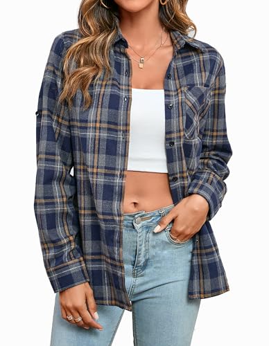 Stamain Flanellhemd Damen Kariertes Hemd Langarm Casual Karohemd Regular Fit Marineblau/Grau M von Stamain