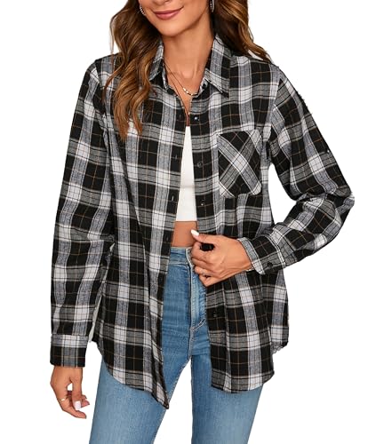Stamain Flanellhemd Damen Kariertes Hemd Langarm Karohemden Schwarz Weiß Freizeithemd Bluse Regular Fit XXL von Stamain