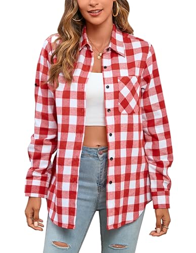 Stamain Flanellhemd Damen Rot Kariertes Hemd Langarm Freizeit Oktoberfest Flanellbluse mit Tasche Karohemd L von Stamain