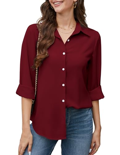 Stamain Hemd Damen Elegant Chiffon Bluse Burgunderrot Langarm Lässige V-Ausschnitt Work Office Blusen Einfarbig L von Stamain