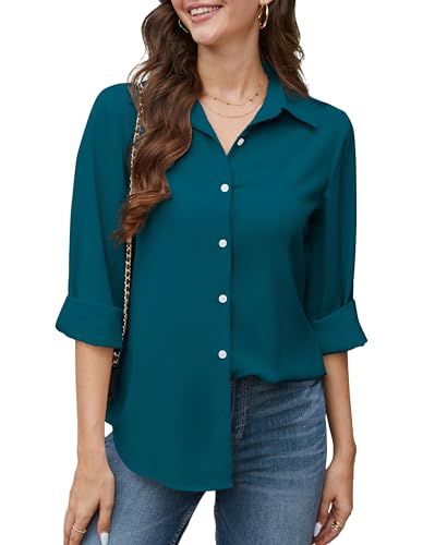 Stamain Hemd Damen Elegant Langarm Chiffon Bluse Kragen Formelle Business Arbeit Hemden mit Knöpfen Türkisblau L von Stamain