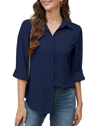 Stamain Shirt Damen Blau Bluse Langarm Casual Chiffon Elegant Business Kragen Blusenshirt mit Knopleiste S von Stamain
