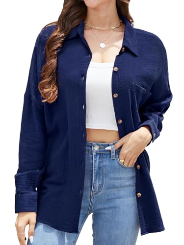 Stamain Hemdbluse Damen Langarm Lässiges Musselin Bluse Damen Blau mit Baumwolle V-Ausschnitt Oversize Hemd Bluse für Frauen mit Tasche L von Stamain