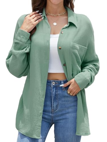 Stamain Hemdbluse Damen Langarm Lässiges Musselin Bluse Damen Hellgrün mit Baumwolle V-Ausschnitt Oversize Hemd Bluse für Frauen mit Tasche L von Stamain