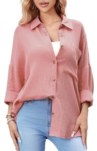 Stamain Hemdbluse Damen Langarm Lässiges Musselin Bluse Damen Rosa mit Baumwolle V-Ausschnitt Oversize Hemd Bluse für Frauen mit Tasche M von Stamain