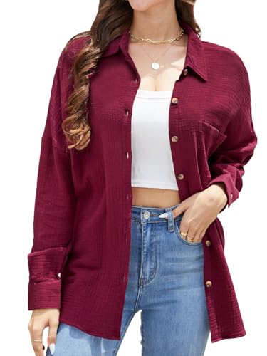 Stamain Hemdbluse Damen Langarm Lässiges Musselin Bluse Damen Rot mit Baumwolle V-Ausschnitt Oversize Hemd Bluse für Frauen mit Tasche M von Stamain