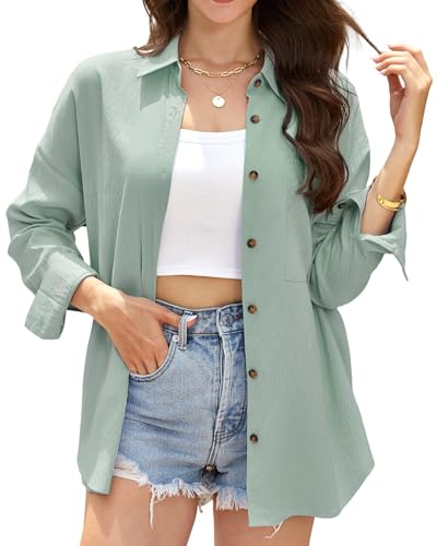 Stamain Musselin Bluse Damen Hemdbluse Langarm Hellgrün Hemd Damen Sommer Lässiges Damenblusen V-Ausschnitt Longbluse für Leggings Oberteil Elegant für Strand Party Dating Arbeit L von Stamain