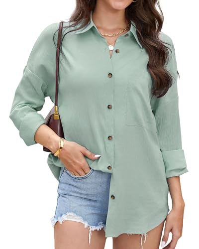 Stamain Bluse Damen Sommer Hemd Salbeigrün Damen Hemdbluse Leicht Luftig Damenblusen Langarm Oversized V-Ausschnitt Oberteil Baumwolle Polyester Longbluse mit Brusttasche für Strand Urlaub Größen XL von Stamain