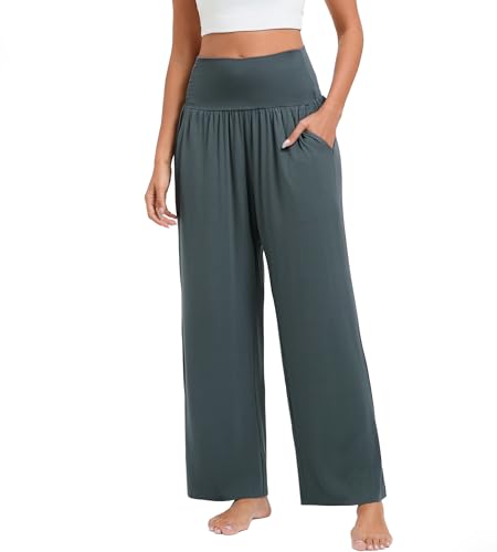 Stamain Hose Weite Damen Hohe Taille Gerade Geschnitten Palazzo Hose Dunkelgrau Sommer Lose Lässig Leicht Elegant Yogahose Dehnbar mit Taschen L von Stamain