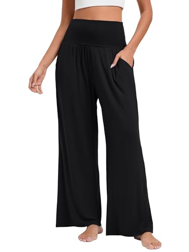 Stamain Hose Weite Damen Schwarz Gerade Geschnitten Palazzo Hose Hohe Taille Sommer Lose Yogahose Leicht Elegant Dehnbar mit Taschen L von Stamain