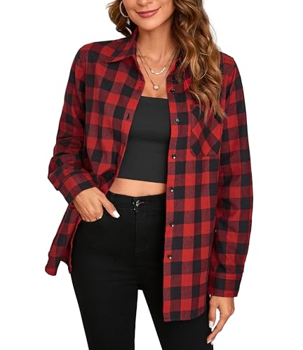 Stamain Karierte Bluse Damen Flanellhemd Langarm Rot Schwarz Karierts Flanellhemden Karohemd Regular Fit 4XL von Stamain