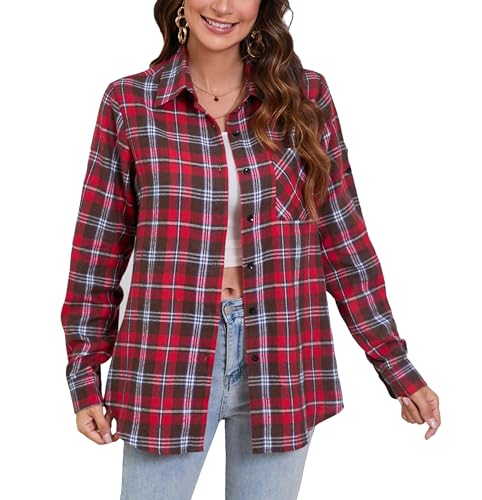 Stamain Karierte Hemd Damen Langarm Flanellhemd Rot Baumwolle Freizeit Karohemd Regular Fit Oktoberfest L von Stamain