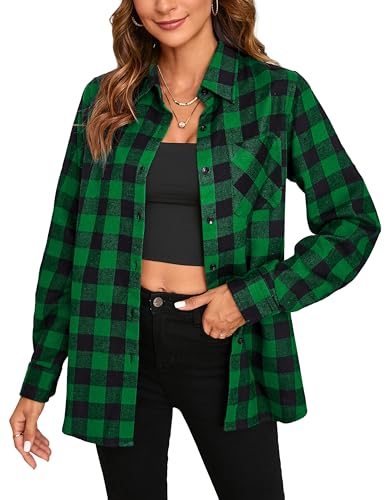 Stamain Kariertes Flanellhemd Damen Casual Grün Karohemd Langarm Baumwolle Karierte Bluse Regular Fit S von Stamain
