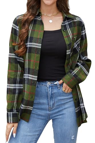 Stamain Kariertes Hemd Damen Casual Flanellhemd Langarm Grün Cowgirl Karohemd Flanellbluse mit Tasche Regular Fit L von Stamain