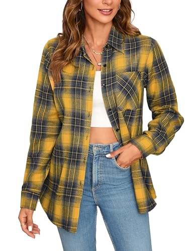 Stamain Kariertes Hemd Damen Flanellhemd Langarm Freizeit Gelb Karohemd Karierte Bluse mit Tasche Regular Fit XXL von Stamain
