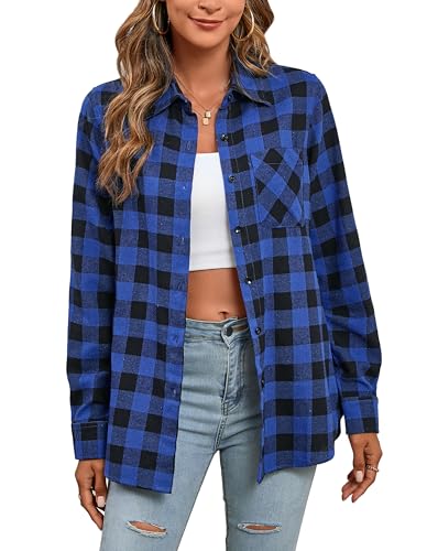 Stamain Kariertes Hemd Damen Flanellhemd Langarm Oktoberfest Freizeit Blau Flanellbluse Cowgirl Karohemd Regular Fit XL von Stamain