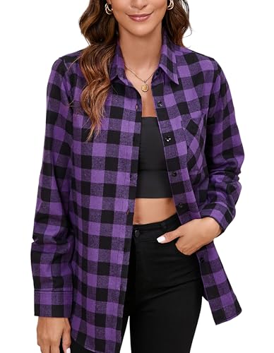 Stamain Kariertes Hemd Damen Flanellhemd Langarm Violett Freizeit Karierte Bluse mit Tasche Regular Fit 4XL von Stamain