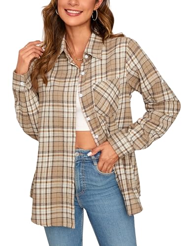 Stamain Kariertes Hemd Damen Freizeit Flanellbluse Langarm Karierte Bluse Beige Cowboy Karohemd mit Tasche L von Stamain