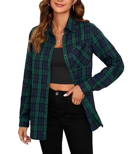 Stamain Kariertes Hemd Damen Langarm Flanell Hemden Blau Grün Freizeit Cowboy Karohemden für Frauen mit Tasche Regular Fit XXL von Stamain