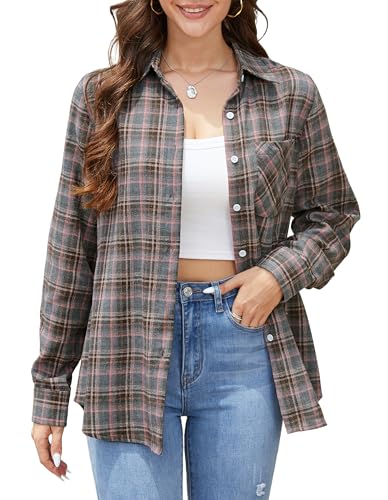 Stamain Kariertes Hemd Damen Langarm Freizeit Flanellhemd Cowgirl Karohemd Flanellbluse Regular Fit Rosa/Grau XL von Stamain