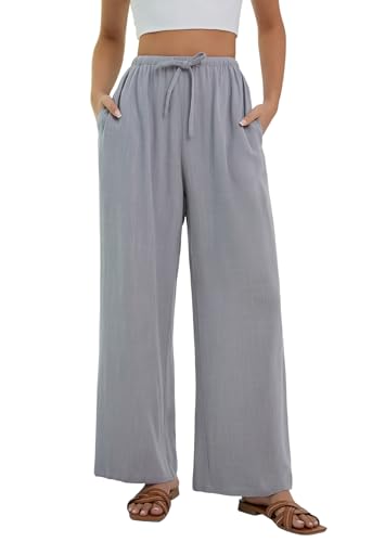 Stamain Leinenhose Damen Grau Sommerhose Strandhose Lang Weite Leichte Leinen Hosen Locker Pants mit Taschen für Beach Sommer XXL von Stamain