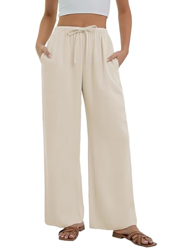 Stamain Leinenhose Damen Sommer Apicot Weite Sommerhosen Elegante Strandhose Palazzo Leinen Hosen Lang Baggy Tunnelzug Pants mit Taschen S von Stamain
