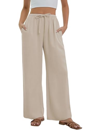 Stamain Leinenhose Damen Sommer Khaki Weite Hose Elegante Strandhose Sommerhose Leinen Hosen Bequem Baggy Tunnelzug Pants mit Taschen L von Stamain