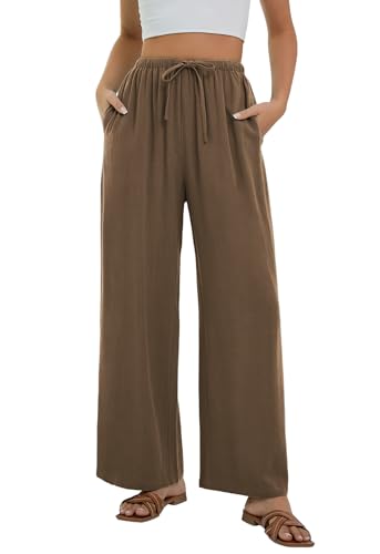 Stamain Leinenhose Damen Sommer Weite Hose Elegante Braun Strandhose Sommerhose Leinen Palazzo Hohe Hose Taille mit Taschen XL von Stamain