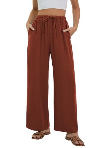 Stamain Leinenhose Damen Sommer Weite Hose Elegante Strandhose Rost Palazzo Leinen Hosen Lang Baggy Tunnelzug Pants mit Taschen XXL von Stamain