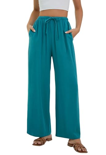 Stamain Leinenhose Damen Sommer Weite Hose Elegante Türkis Strandhose Palazzo Leinen Hosen Lang Locker Tunnelzug Pants mit Taschen für Beach Vacation XXL von Stamain