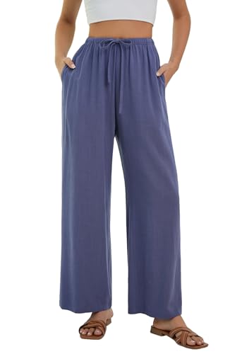 Stamain Leinenhose Damen Sommerhose Leicht Marine Blau Weite Hose Elegante Strandhose Palazzo Leinen Hosen Bequem Baggy Tunnelzug Pants mit Taschen S von Stamain