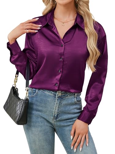 Stamain Lila Bluse Damen Elegant V-Ausschnitt Langarm Casual Satin Top Einfarbig Lose Langarmshirt mit Knöpfen für Business Arbeit XL von Stamain