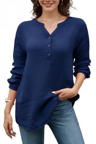 Stamain Musselin Bluse Damen Baumwolle Langarm V-Ausschnitt Henley Marineblau Bluse Damen Modern Casual Elegant Einfarbig Blusenshirt Solide Oberteile M von Stamain