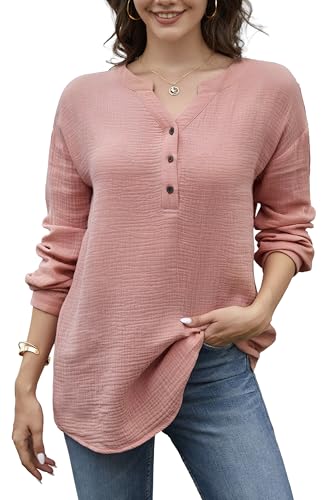 Stamain Musselin Bluse Damen Baumwolle Langarm V-Ausschnitt Henley Rosa Bluse Damen Modern Casual Elegant Einfarbig Blusenshirt Solide Oberteile XL von Stamain