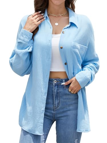 Stamain Musselin Bluse Damen Hellblau Sommer Bluse Damen Langarm mit Leinen Baumwolle V-Ausschnitt Freizeit Longbluse Lose Hemdbluse für Frauen Oversized M von Stamain