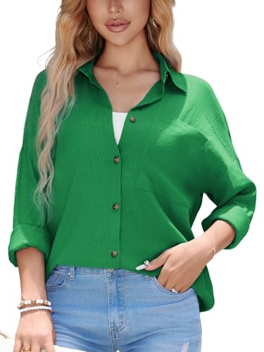 Stamain Damen Bluse Langarm Hemd Grün Damenblusen Oversized Hemdbluse Sommer Leicht und Luftig Langarmshirt Einfarbig Oberteil Baumwolle Polyester Lässig Longbluse für Leggings Ferien Outfit XXL von Stamain