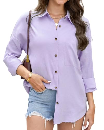 Stamain Musselin Hemd Damen Langarm Hemdbluse Lila Lässiges Bluse Damen Sommer Herbst Damenblusen V-Ausschnitt Longbluse für Leggings Oberteil Elegant für Strand Dating Täglich 2XL von Stamain