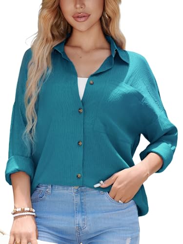 Stamain Damen Bluse Langarm Hemd Blaugrün Damenblusen Oversized Hemdbluse Sommer Leicht und Luftig Langarmshirt Einfarbig Oberteil Baumwolle Polyester Lässig Longbluse für Leggings Ferien Outfit XXL von Stamain