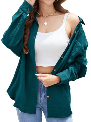 Stamain Musselin Bluse Damen Oversized Lässiges Hemdbluse Damen Blaugrün 3/4 Ärmel Longbluse für Leggings Button Down mit Tasche Freizeit Tunika Hemd Bluse für Frauen L von Stamain