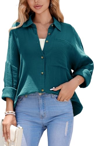 Stamain Musselin Bluse Damen Oversized Lässiges Hemdbluse Damen Blaugrün 3/4 Ärmel Longbluse für Leggings Button Down mit Tasche Freizeit Tunika Hemd Bluse für Frauen XXL von Stamain