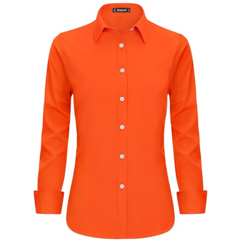 Stamain Orange Bluse Damen Baumwolle Businesshemd Langarm V Ausschnitt Blusenshirt mit Knopleiste Slim Fit 3XL von Stamain