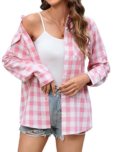 Stamain Trachtenbluse Damen Rosa Kariertes Hemd Langarm Trachtenblusen Oktoberfest Holzfällerhemd Karohemd Damen Oberteile Roll Up V-Ausschnitt Tops XL von Stamain